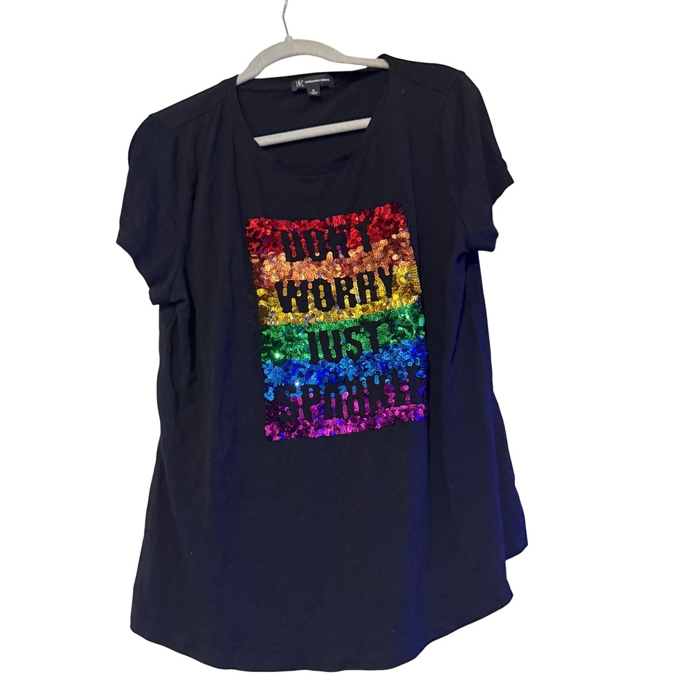 INC International Concepts Women XL Black Rainbow Sequin Sparkle Graphic T-Shirt